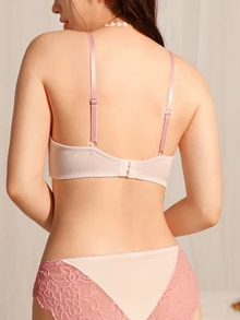 DelicateAllure 2pcs Pink Underwire Molded Cup High Support Double Layer Design Cross Strap Embroidery Pure Romantic Women's Lingerie Set - Pink - View 2