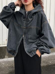 FRIFUL Women's Solid Color Casual Zip-Up Loose Long Sleeve Hooded Denim Jacket - Dusty Blue - View 4