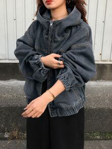 FRIFUL Women's Solid Color Casual Zip-Up Loose Long Sleeve Hooded Denim Jacket - Dusty Blue - View 3