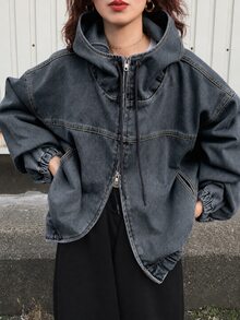 FRIFUL Women's Solid Color Casual Zip-Up Loose Long Sleeve Hooded Denim Jacket - Dusty Blue - View 5