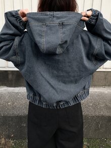 FRIFUL Women's Solid Color Casual Zip-Up Loose Long Sleeve Hooded Denim Jacket - Dusty Blue - View 2