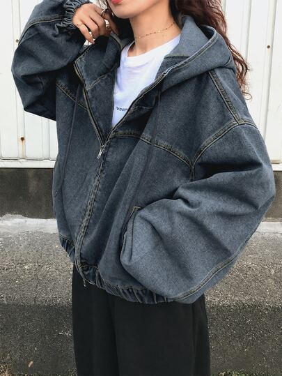 FRIFUL Women's Solid Color Casual Zip-Up Loose Long Sleeve Hooded Denim Jacket