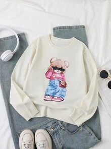 SHEIN Girls (Large) Beige Bear Print Crew Neck Pullover Sweater Long Sleeve Sweater Suitable For Autumn Winter Layering Under Down Jacket - Beige - View 6