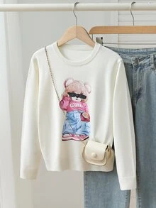 SHEIN Girls (Large) Beige Bear Print Crew Neck Pullover Sweater Long Sleeve Sweater Suitable For Autumn Winter Layering Under Down Jacket - Beige - View 3