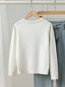 SHEIN Girls (Large) Beige Bear Print Crew Neck Pullover Sweater Long Sleeve Sweater Suitable For Autumn Winter Layering Under Down Jacket - Beige - View 2