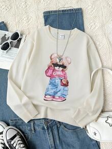 SHEIN Girls (Large) Beige Bear Print Crew Neck Pullover Sweater Long Sleeve Sweater Suitable For Autumn Winter Layering Under Down Jacket - Beige - View 7