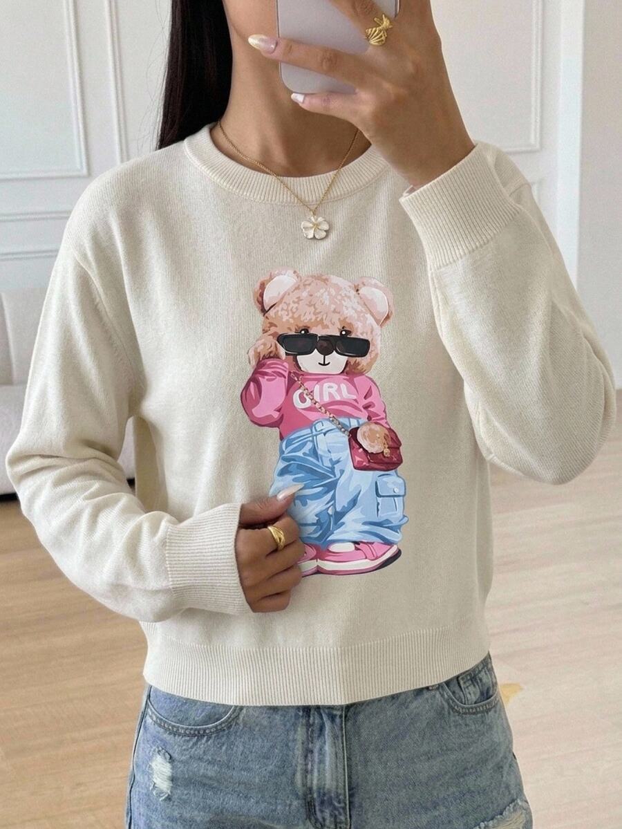 SHEIN Girls (Large) Beige Bear Print Crew Neck Pullover Sweater Long Sleeve Sweater Suitable For Autumn Winter Layering Under Down Jacket - Beige - View 1