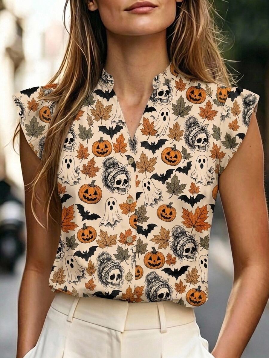 EMERY ROSE Women's Halloween Skeleton Pumpkin Ghost Maple Leaf Print Shirt - Multicolor - View 1