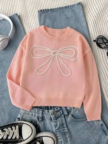 SHEIN Sweet Sweater For Tween Girlsfeaturing 3D Bow Accents And A Round Neck Autumn Fall - Pink - View 5