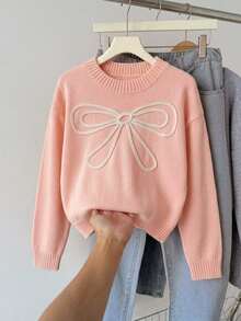 SHEIN Sweet Sweater For Tween Girlsfeaturing 3D Bow Accents And A Round Neck Autumn Fall - Pink - View 7