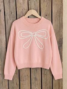 SHEIN Sweet Sweater For Tween Girlsfeaturing 3D Bow Accents And A Round Neck Autumn Fall - Pink - View 4
