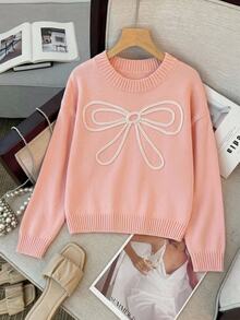 SHEIN Sweet Sweater For Tween Girlsfeaturing 3D Bow Accents And A Round Neck Autumn Fall - Pink - View 3