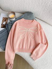 SHEIN Sweet Sweater For Tween Girlsfeaturing 3D Bow Accents And A Round Neck Autumn Fall - Pink - View 8