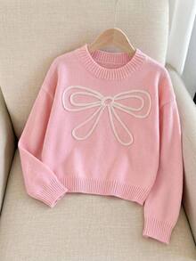 SHEIN Sweet Sweater For Tween Girlsfeaturing 3D Bow Accents And A Round Neck Autumn Fall - Pink - View 1