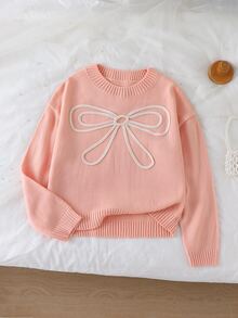 SHEIN Sweet Sweater For Tween Girlsfeaturing 3D Bow Accents And A Round Neck Autumn Fall - Pink - View 9