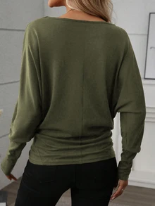 EMERY ROSE Women Solid Color Long Sleeve Minimalist Casual Top, Everyday Wear Fall Cloth For Women - Army Green - View 2