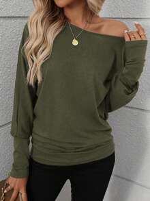 EMERY ROSE Women Solid Color Long Sleeve Minimalist Casual Top, Everyday Wear Fall Cloth For Women - Army Green - View 3