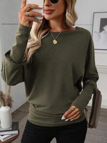 EMERY ROSE Women Solid Color Long Sleeve Minimalist Casual Top, Everyday Wear Fall Cloth For Women - Army Green - View 6