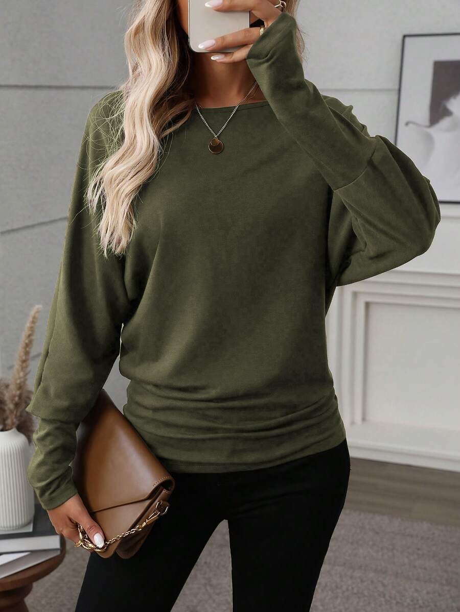 EMERY ROSE Women Solid Color Long Sleeve Minimalist Casual Top, Everyday Wear Fall Cloth For Women - Army Green - View 1