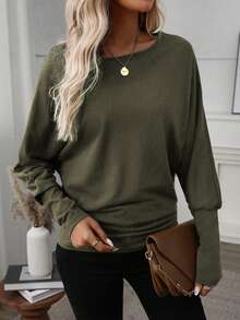 EMERY ROSE Women Solid Color Long Sleeve Minimalist Casual Top, Everyday Wear Fall Cloth For Women - Army Green - View 4