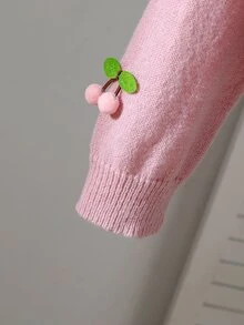 SHEIN 女童甜美可愛 3D 粉櫻花與灰玫瑰色短版 V 領長袖落肩針織開襟毛衣，休閒外穿，適合購物與聚會，秋冬款 - 藕粉色 - 查看 6