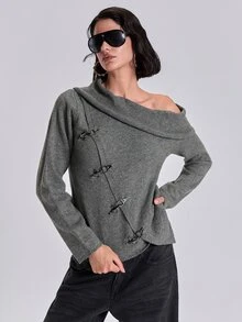 ACID BLVD Spring Autumn Winter Casual Street Y2K Airplane Buckle Asymmetric Lapel Fitted Long Sleeve Cardigan - Dark Grey - View 1