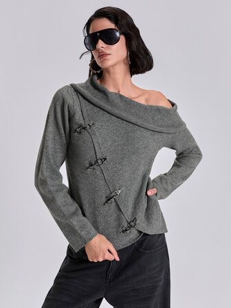 Cardigan de manga larga ajustado con solapa asimétrica y hebilla de avión, estilo casual callejero Y2K para primavera, otoño e invierno