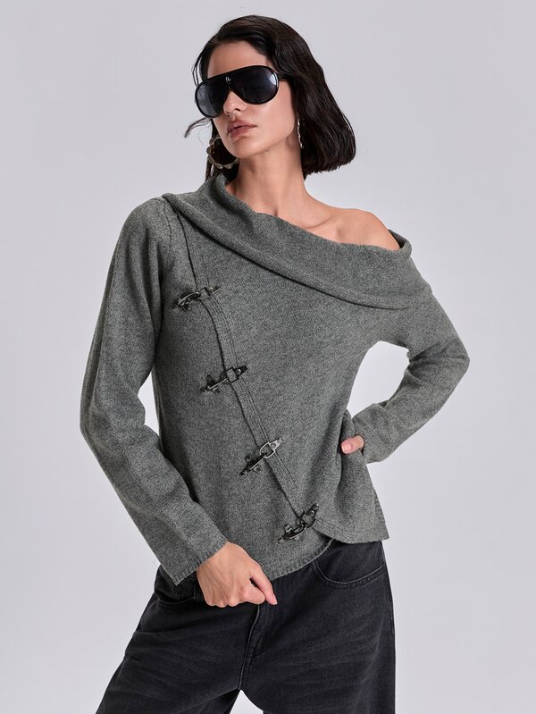 ACID BLVD Spring Autumn Winter Casual Street Y2K Airplane Buckle Asymmetric Lapel Fitted Long Sleeve Cardigan
