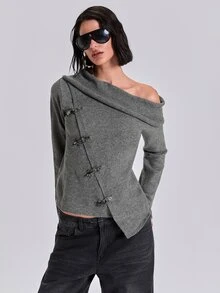 ACID BLVD Spring Autumn Winter Casual Street Y2K Airplane Buckle Asymmetric Lapel Fitted Long Sleeve Cardigan - Dark Grey - View 4