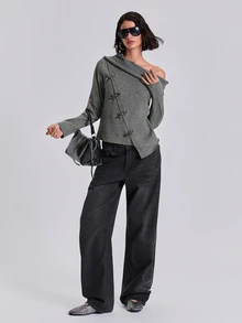 ACID BLVD Spring Autumn Winter Casual Street Y2K Airplane Buckle Asymmetric Lapel Fitted Long Sleeve Cardigan - Dark Grey - View 3