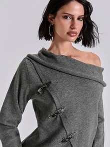 ACID BLVD Spring Autumn Winter Casual Street Y2K Airplane Buckle Asymmetric Lapel Fitted Long Sleeve Cardigan - Dark Grey - View 2