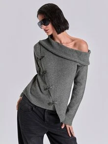 ACID BLVD Spring Autumn Winter Casual Street Y2K Airplane Buckle Asymmetric Lapel Fitted Long Sleeve Cardigan - Dark Grey - View 6