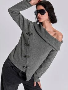 ACID BLVD Spring Autumn Winter Casual Street Y2K Airplane Buckle Asymmetric Lapel Fitted Long Sleeve Cardigan - Dark Grey - View 5