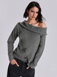 ACID BLVD Spring Autumn Winter Casual Street Y2K Airplane Buckle Asymmetric Lapel Fitted Long Sleeve Cardigan - Dark Grey - View 7