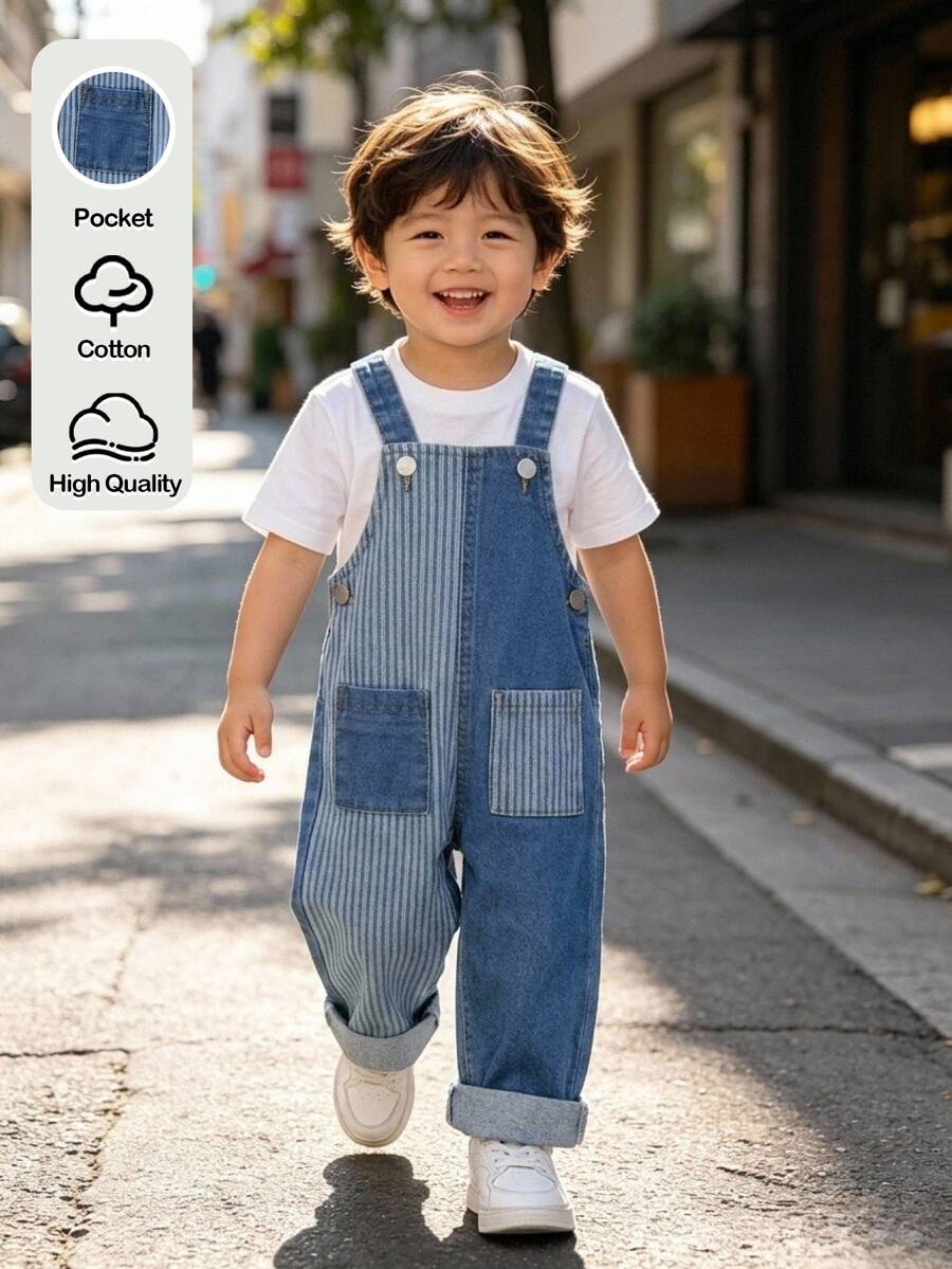SHEIN 男嬰新款時尚復古基礎條紋拼接藍色丹寧寬鬆版型吊帶褲,捲邊設計,秋冬款,適合嬰兒上學穿著,萬聖節與聖誕節 - 中等水洗藍 - 查看 1