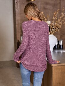 SHEIN LUNE Sudadera básica de mujer de unicolor acanalado de manga larga, tops de manga larga en otoño/invierno - Burdeos - Ver 7