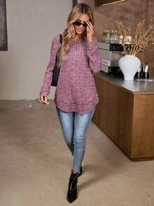 SHEIN LUNE Sudadera básica de mujer de unicolor acanalado de manga larga, tops de manga larga en otoño/invierno - Burdeos - Ver 6