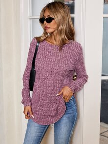 SHEIN LUNE Sudadera básica de mujer de unicolor acanalado de manga larga, tops de manga larga en otoño/invierno - Burdeos - Ver 5