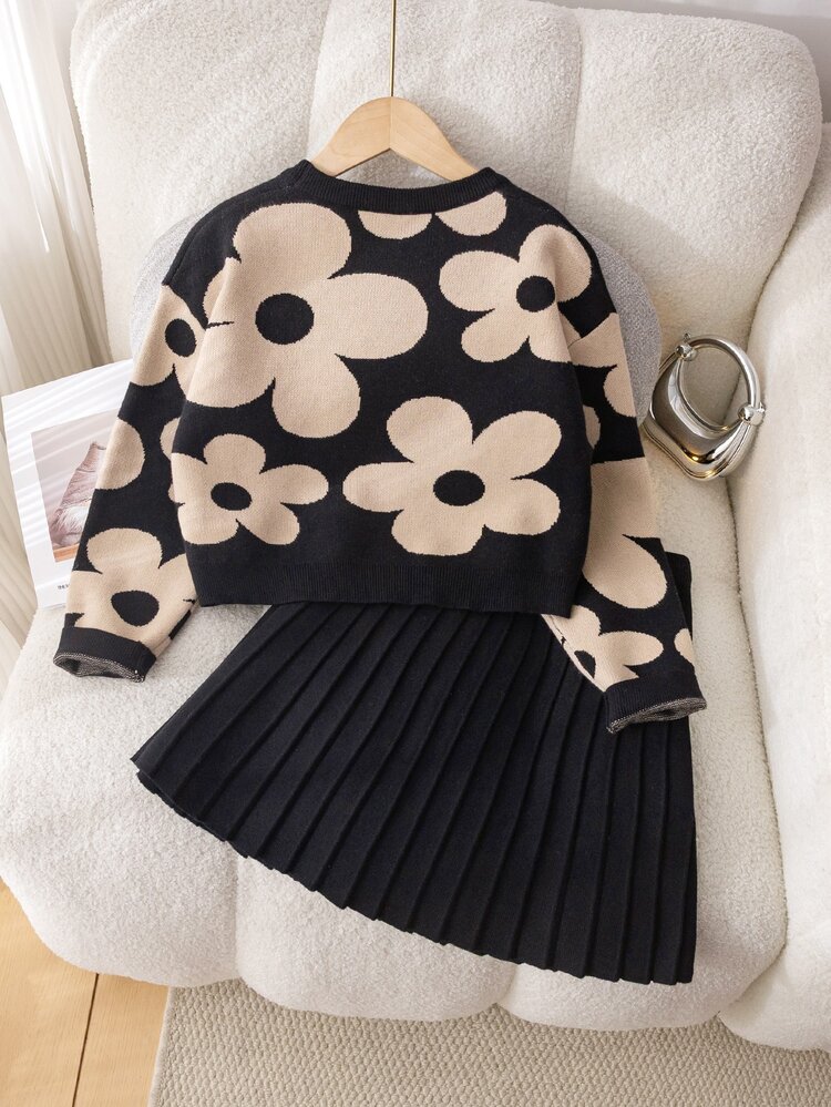 SHEIN Tween Girls Sweater Set, Sesame Bottom Jacquard Knit Crew Neck Pullover With Pleated Skirt, Soft Comfortable, Daily Wear, Black Autumn Cute - Black - View 2