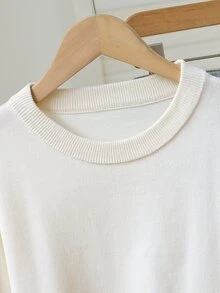 SHEIN 女童白色圓領落肩長袖針織套頭毛衣，時尚基礎款，寬鬆休閒甜美風，柔軟舒適面料，適合秋季 - 米色 - 查看 4