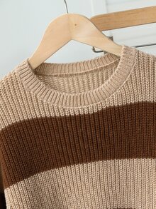 SHEIN Young Girls Sweaters, Crew Neck Khaki And Coffee Striped Pullover, Designed For Girls, Soft Knit, Minimalist Style, Suitable For Autumn And Winter, Casual Long Sleeve Top For Outings, Parties, Photoshoots And Play - Multicolor - View 3