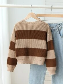 SHEIN Young Girls Sweaters, Crew Neck Khaki And Coffee Striped Pullover, Designed For Girls, Soft Knit, Minimalist Style, Suitable For Autumn And Winter, Casual Long Sleeve Top For Outings, Parties, Photoshoots And Play - Multicolor - View 2