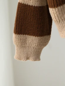 SHEIN Young Girls Sweaters, Crew Neck Khaki And Coffee Striped Pullover, Designed For Girls, Soft Knit, Minimalist Style, Suitable For Autumn And Winter, Casual Long Sleeve Top For Outings, Parties, Photoshoots And Play - Multicolor - View 4