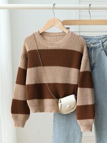 SHEIN Young Girls Sweaters, Crew Neck Khaki And Coffee Striped Pullover, Designed For Girls, Soft Knit, Minimalist Style, Suitable For Autumn And Winter, Casual Long Sleeve Top For Outings, Parties, Photoshoots And Play - Multicolor - View 1