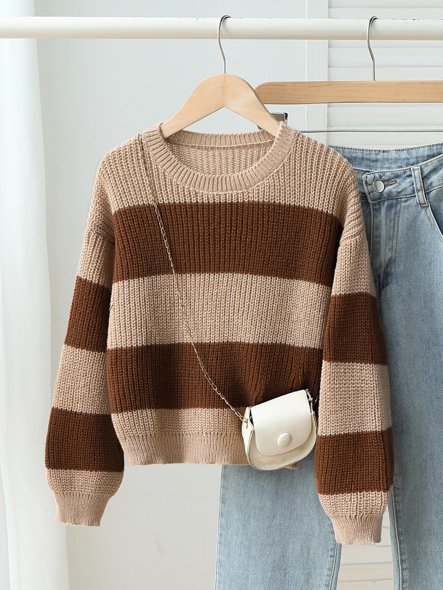SHEIN Young Girls Sweaters, Crew Neck Khaki And Coffee Striped Pullover, Designed For Girls, Soft Knit, Minimalist Style, Suitable For Autumn And Winter, Casual Long Sleeve Top For Outings, Parties, Photoshoots And Play - Multicolor - View 1