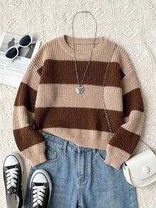SHEIN Young Girls Sweaters, Crew Neck Khaki And Coffee Striped Pullover, Designed For Girls, Soft Knit, Minimalist Style, Suitable For Autumn And Winter, Casual Long Sleeve Top For Outings, Parties, Photoshoots And Play - Multicolor - View 9