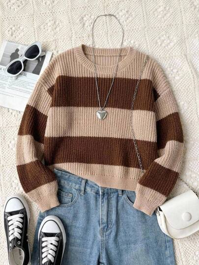 SHEIN Young Girls Sweaters, Crew Neck Khaki And Coffee Striped Pullover, Designed For Girls, Soft Knit, Minimalist Style, Suitable For Autumn And Winter, Casual Long Sleeve Top For Outings, Parties, Photoshoots And Play