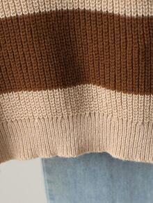SHEIN Young Girls Sweaters, Crew Neck Khaki And Coffee Striped Pullover, Designed For Girls, Soft Knit, Minimalist Style, Suitable For Autumn And Winter, Casual Long Sleeve Top For Outings, Parties, Photoshoots And Play - Multicolor - View 7