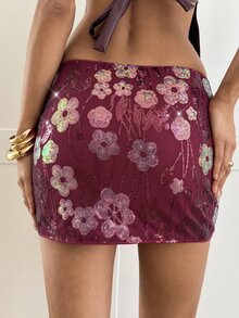 Aloruh 女款性感亮片刺繡迷你裙，辣妹約會之夜穿搭 - 紫色 - 查看 2