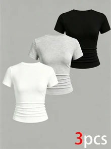 3pcs Tween Girls Simple Casual Short Sleeve Tops, Personalized Tops, Girls Short Sleeve, Suitable For Spring/Summer, Comfortable And Easy To Wear, Family Outings, Simple Casual Wear, Back To School Essential, Comfortable And Easy To Wear, Easy For Sports - Multicolor - View 2